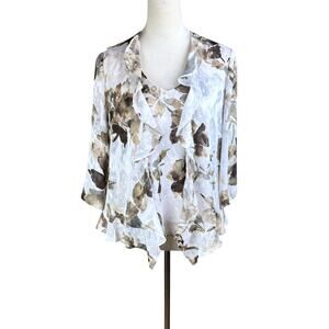 Alex Evenings Brown and White Watercolor Floral Tank Top and Jacket Set